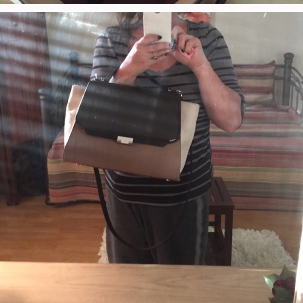 Tan and purple bag